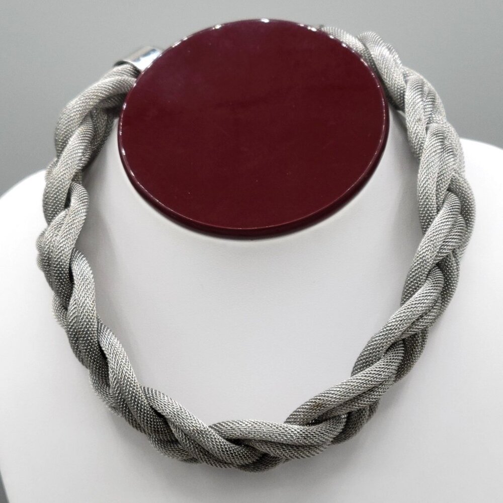 Chunky Mesh Braided Twisted Choker Necklace Silver Tone Metal 14" Length